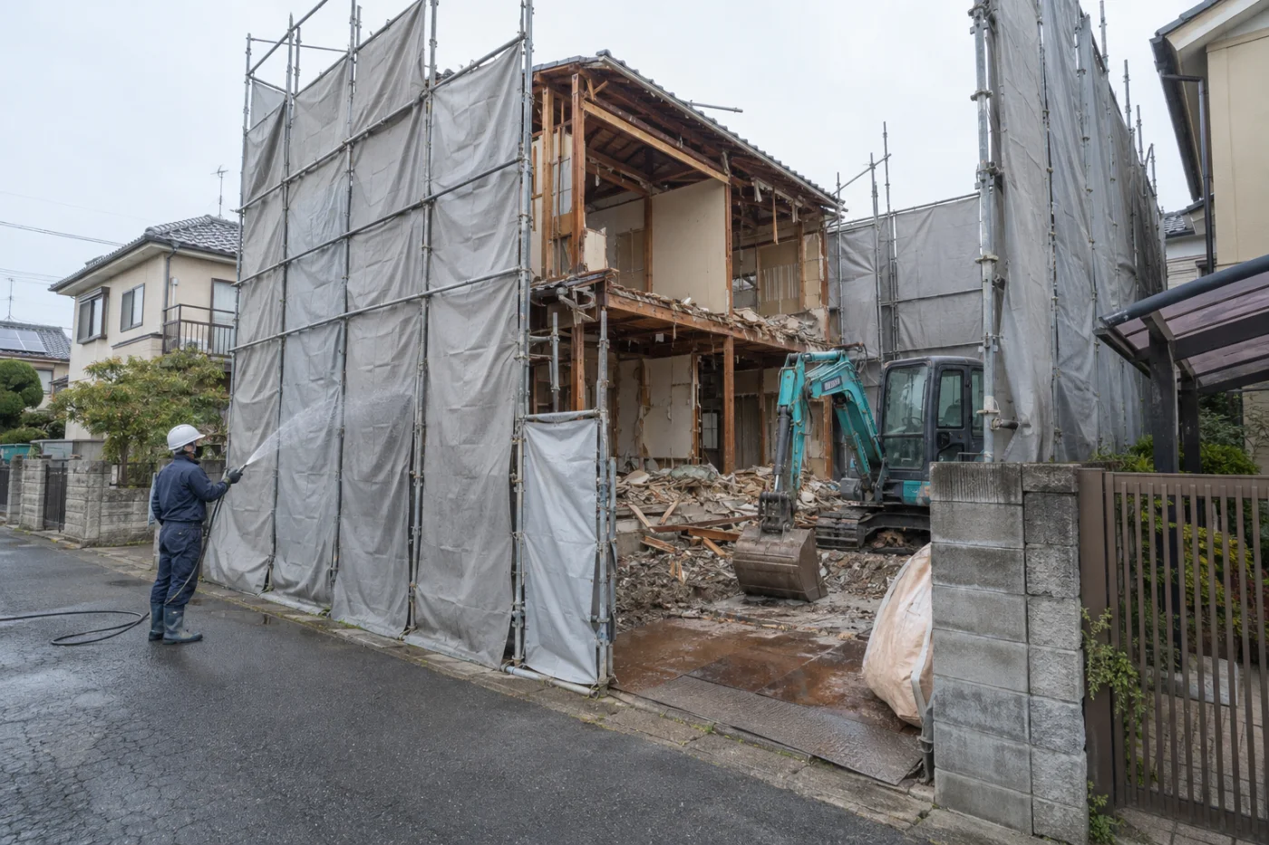 養生シートで囲い、散水しながら進める解体工事の現場